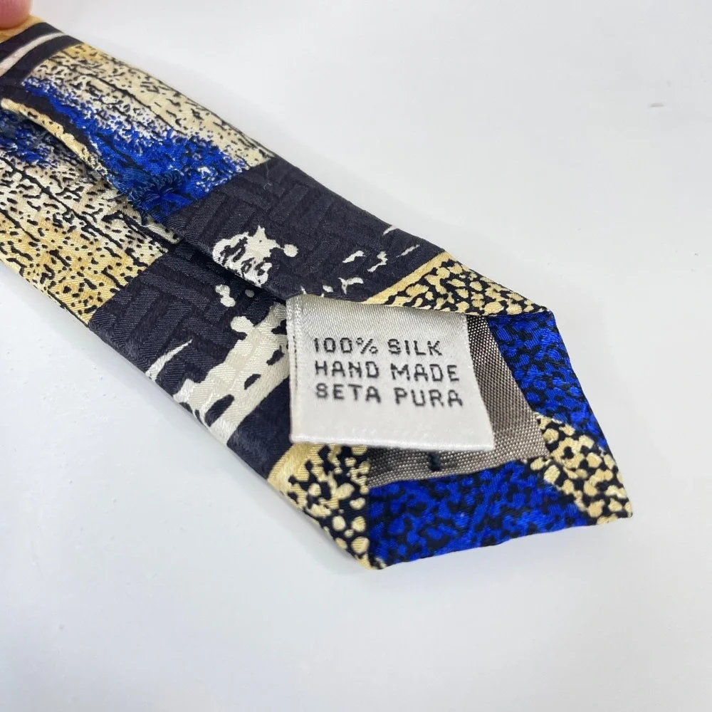 Tesoro‎ Rosso Retro Abstract Necktie Mens Silk Blue Yellow Black Urban Chic Work
